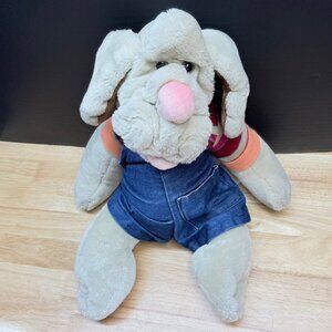 Vintage Ganz Bros Wrinkles the Dog Hand Puppet 1980s Plush w Denim Overalls